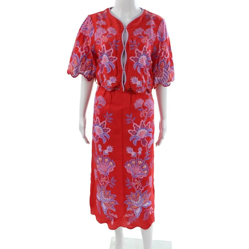 Farm Rio Women Multicolor Linen Floral Skirt Set Short Sleeve Size M